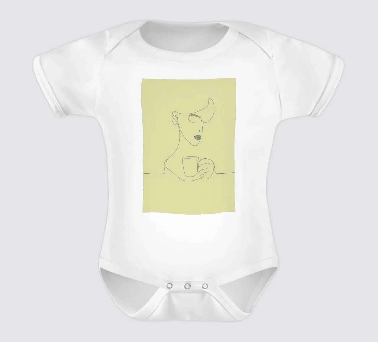 Disegno lineare minimalista di una donna che beve il caffè | Moderno body neonato maniche corte da Viv Line Art