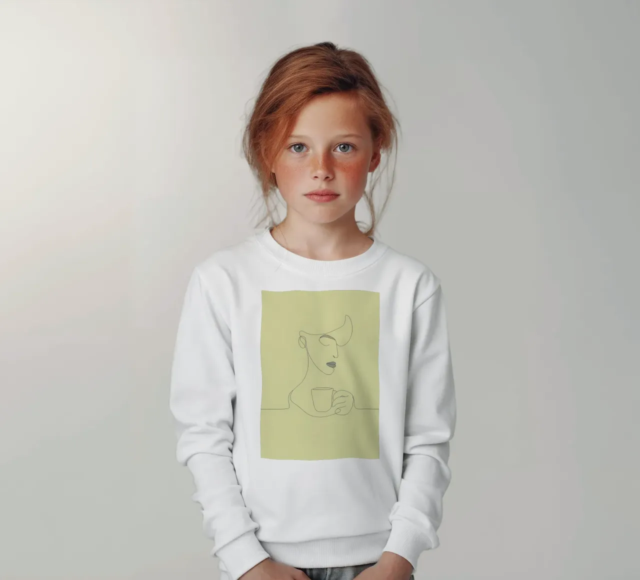 Minimalist Line Drawing of a Woman Drinking Coffee | Modern kids sweatshirt by Viv Line Art