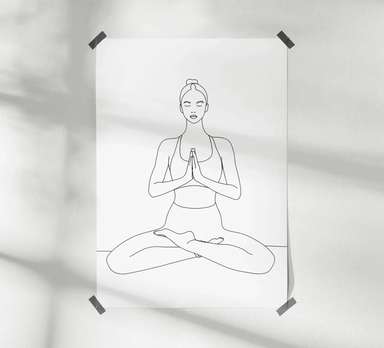 Disegno lineare minimalista di una donna in posizione yoga | Addominali moderni poster con telaio in plastica da Viv Line Art
