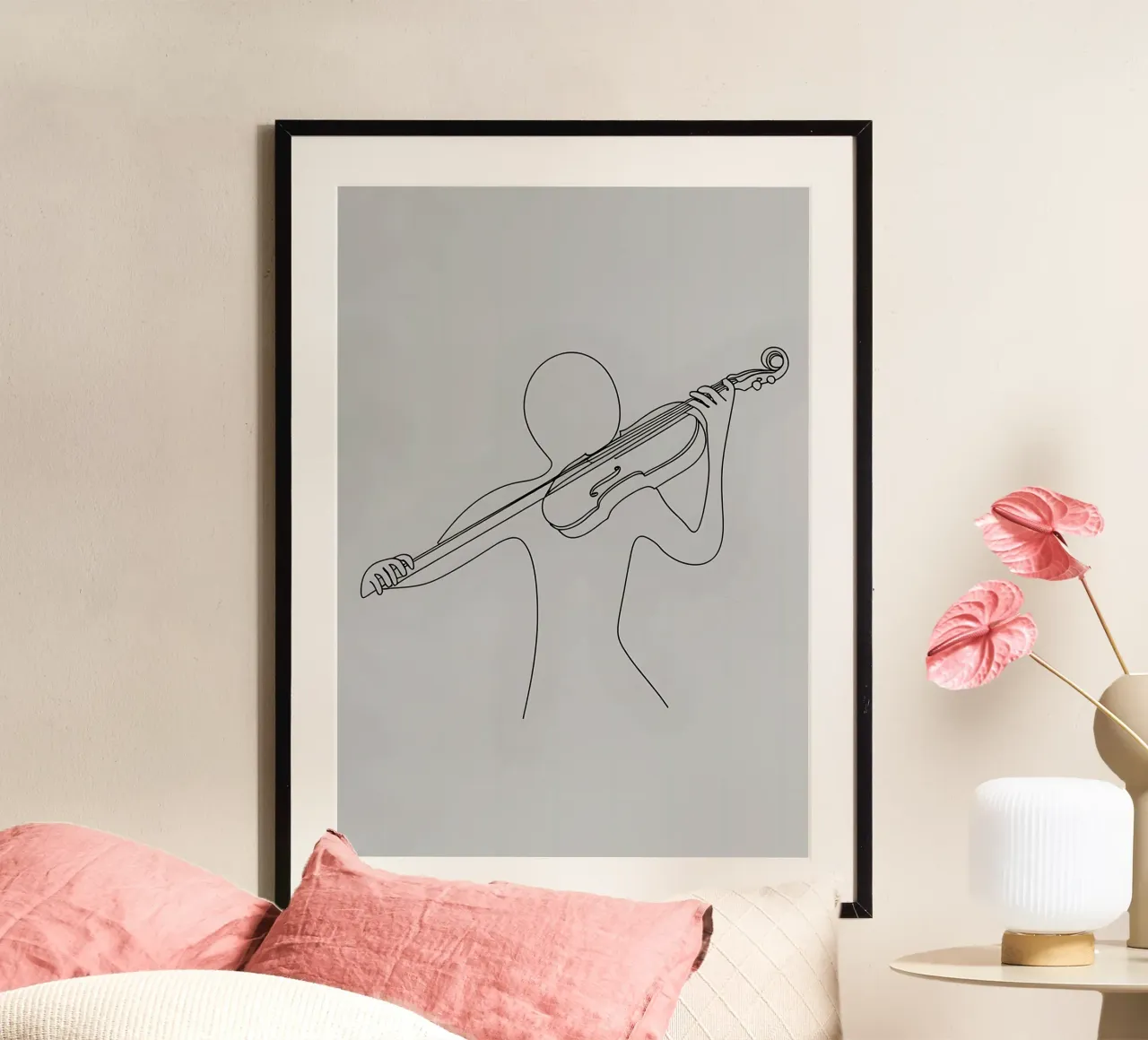 Disegno di linea minimalista di una persona con violino | Abs moderno poster con telaio in plastica da Viv Line Art