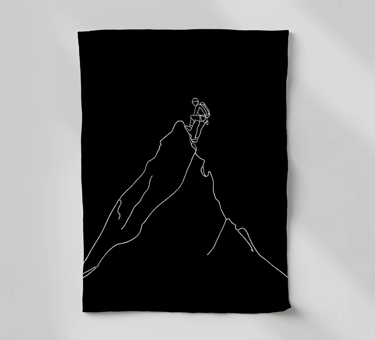 Disegno minimalista a una linea di un alpinista che si arrampica in modalità canovaccio da cucina da Viv Line Art