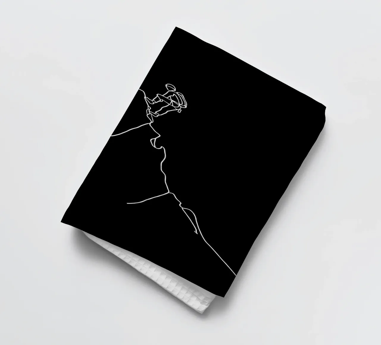 Disegno minimalista a una linea di un alpinista che si arrampica in modalità canovaccio da cucina da Viv Line Art