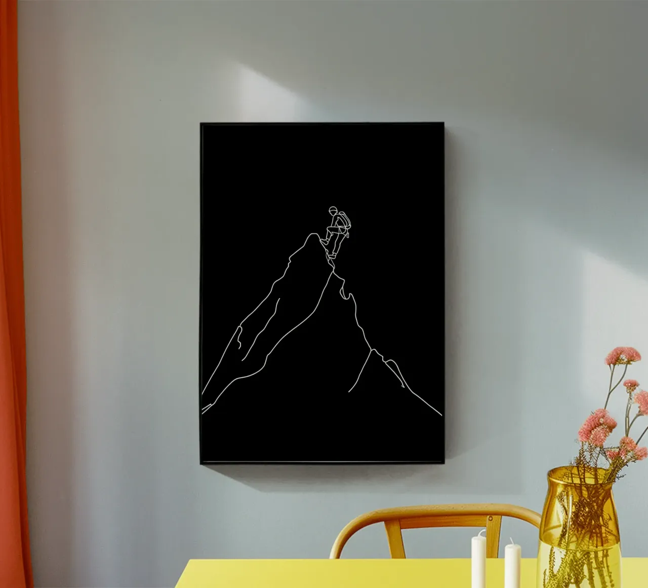 Dibujo minimalista de una línea de un alpinista escalando | Modo metacrilato de Viv Line Art