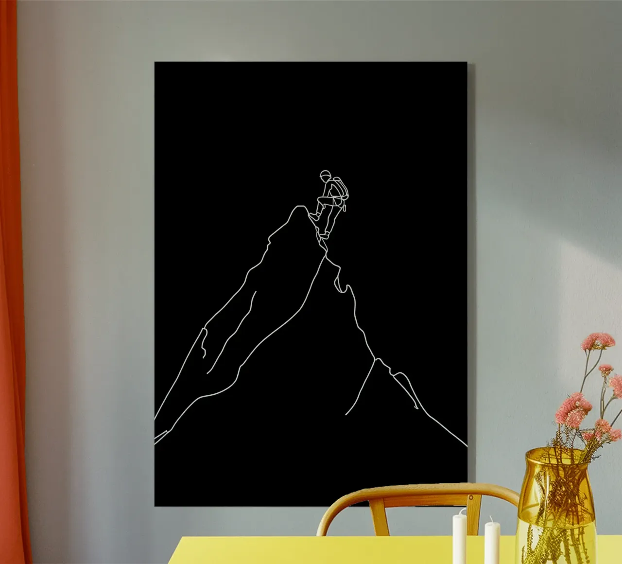 Dibujo minimalista de una línea de un alpinista escalando | Modo metacrilato de Viv Line Art