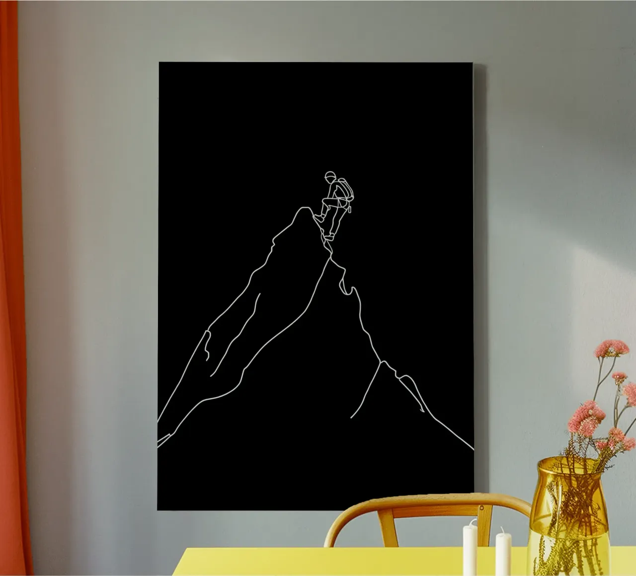 Disegno minimalista a una linea di un alpinista che si arrampica in modalità tela da Viv Line Art