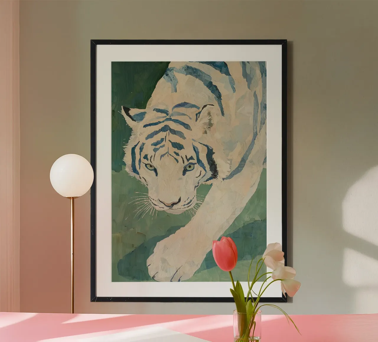 Witte tijger, afdruk van wilde dieren, abstracte tijgerillustratie poster met kunststof frame van Boheme