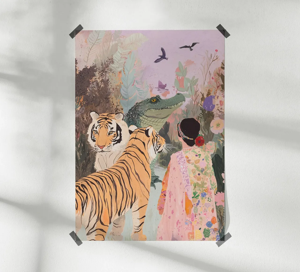 Ilustración caprichosa, póster de animales, tigre, arte cocodrilo poster con marco de aluminio de Boheme