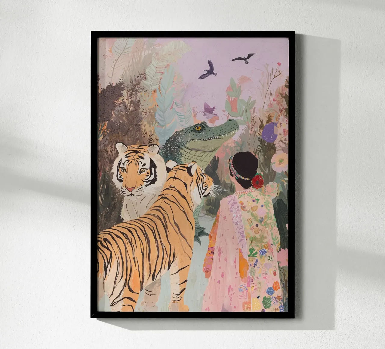 Ilustración caprichosa, póster de animales, tigre, arte cocodrilo poster con marco de aluminio de Boheme