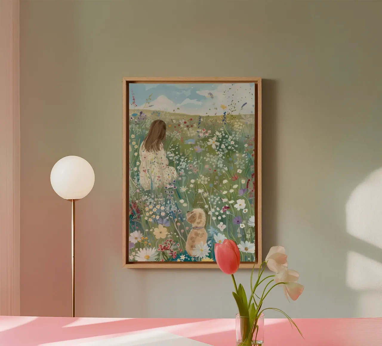Whimsical Art, Wildflower Field with Puppy, Dog Lover Art canvas with Floater frame by Boheme