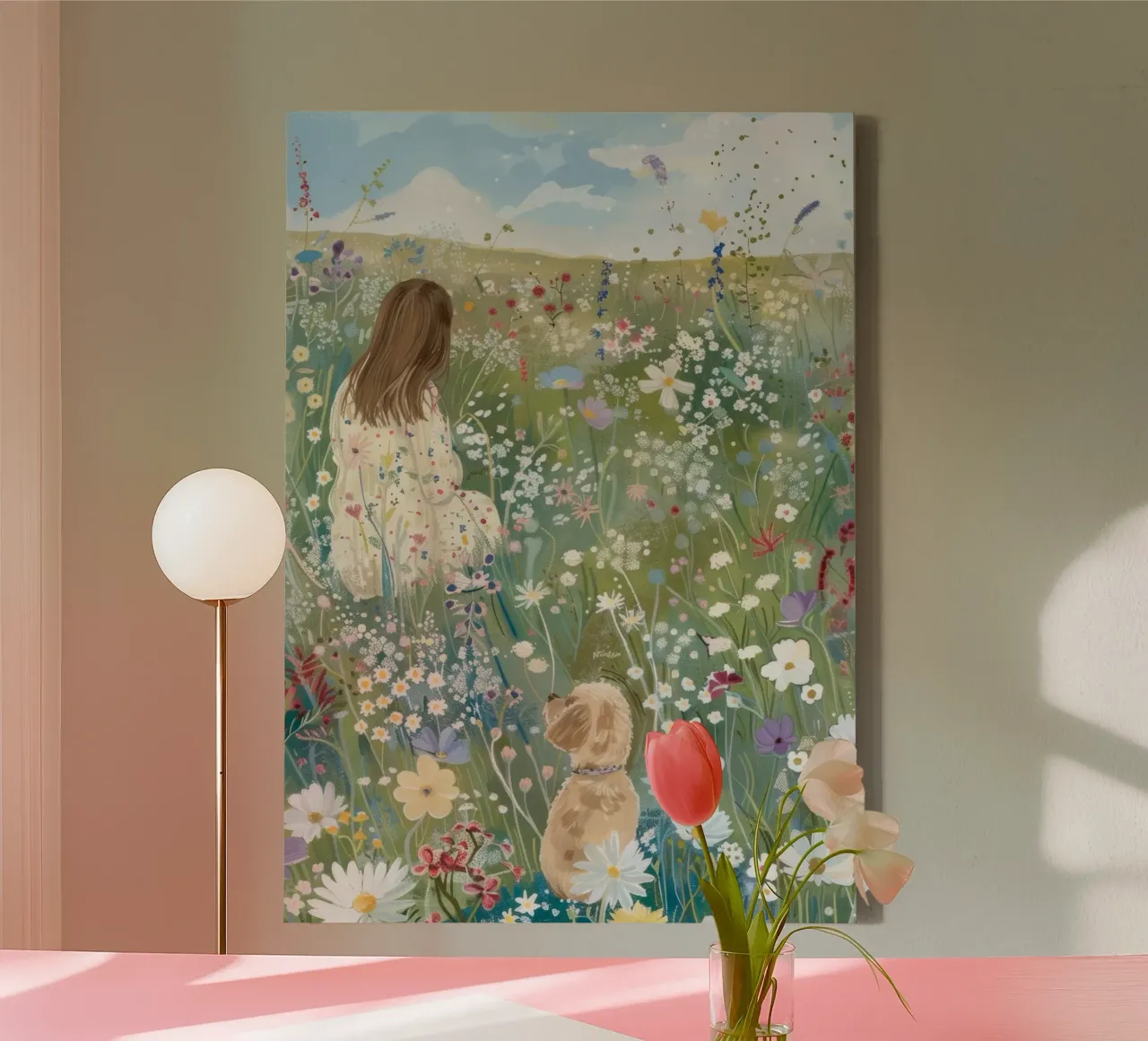 Whimsical Art, Wildflower Field with Puppy, Dog Lover Art canvas with Floater frame by Boheme