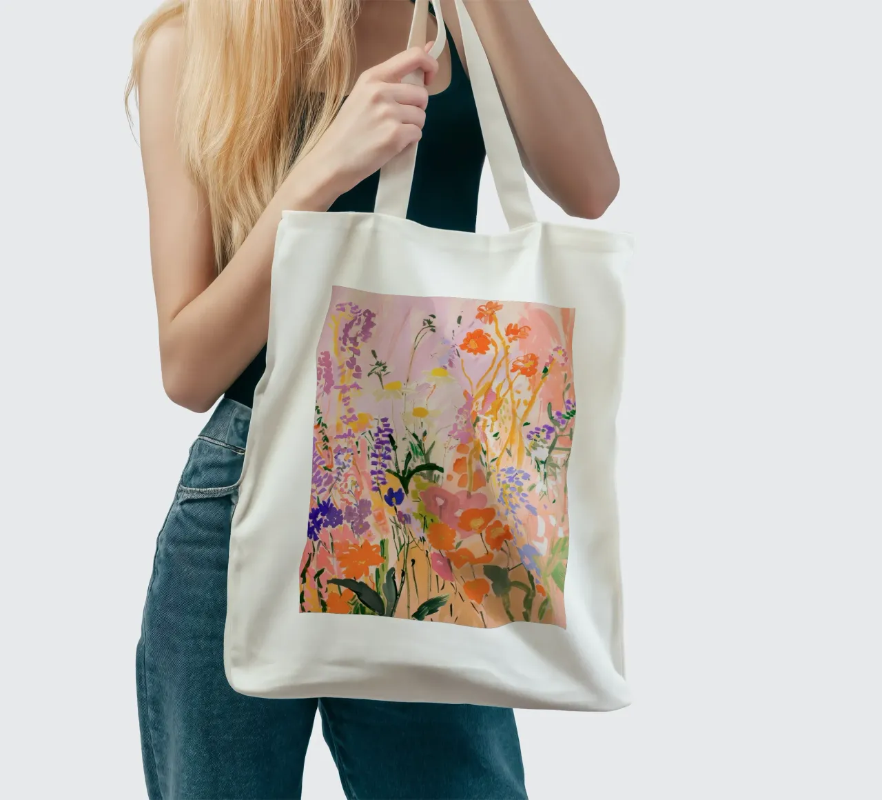 Abstracte kleurrijke bloemenprint, bloemsierkunst, botanische print jute draagtas van Boheme