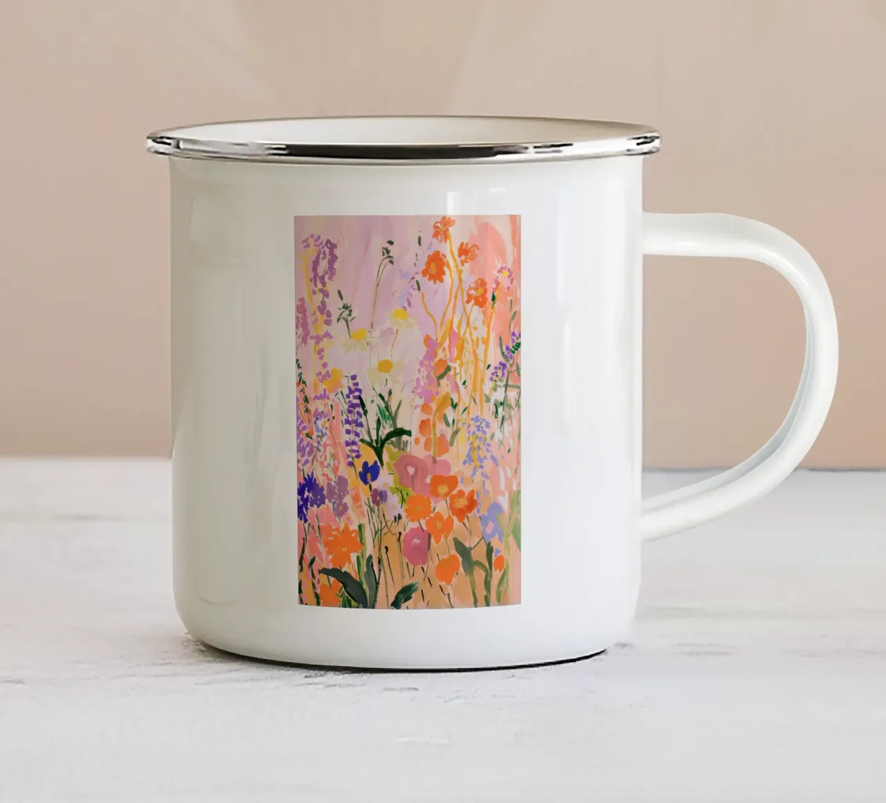 Abstracte kleurrijke bloemenprint, bloemsierkunst, botanische print emaille mok van Boheme