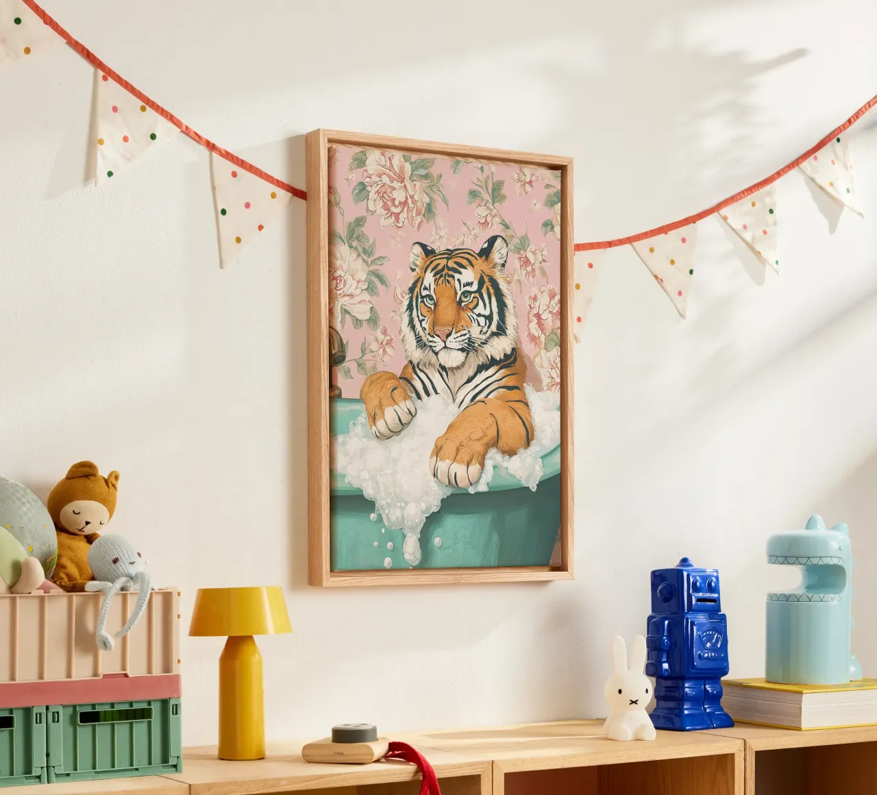 Grillige tijgerprint, tijger in bad Print Pastel Moderne kunst canvas met Baklijst van Boheme