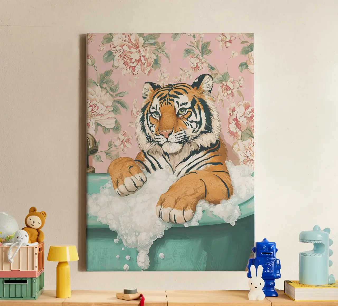Grillige tijgerprint, tijger in bad Print Pastel Moderne kunst canvas met Baklijst van Boheme