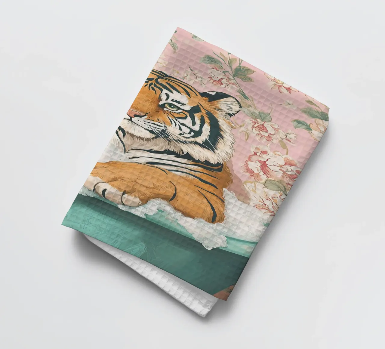 Grillige tijgerprint, tijger in bad Print Pastel Moderne kunst theedoek van Boheme