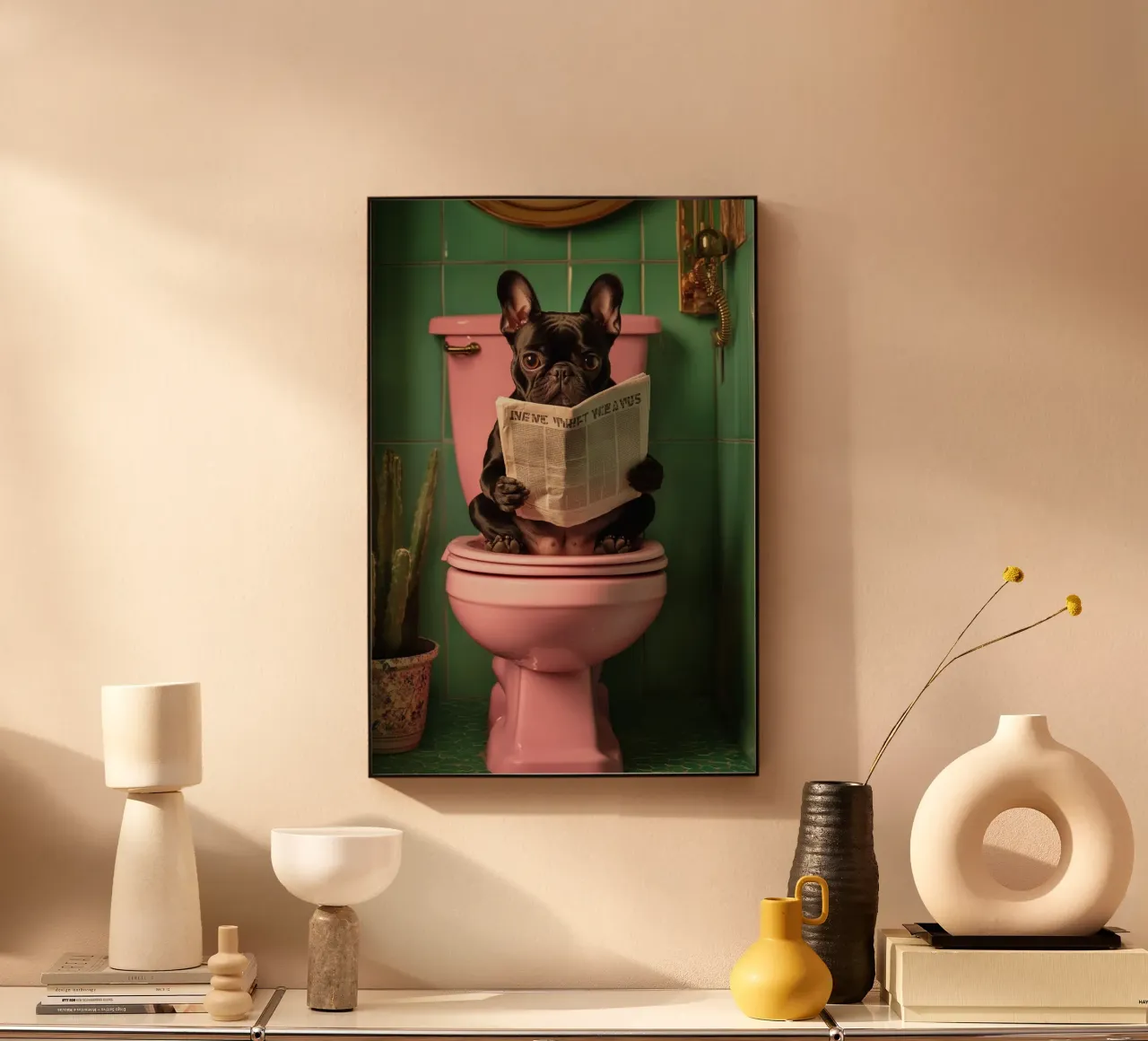 Frenchie liest Zeitung plexiglass da NORDLICHT DESIGNS