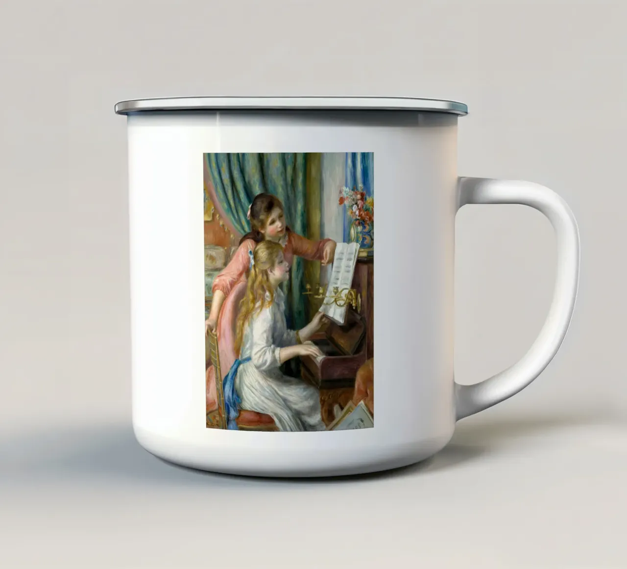 Pierre-Auguste Renoir - Due ragazze al pianoforte tazza in smalto da Timeless Artworks