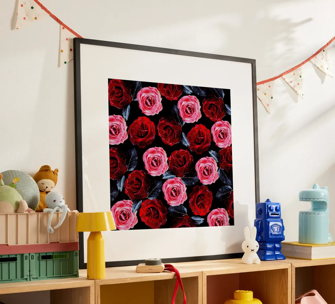 red and pink roses pattern poster with wooden frame by berwies design