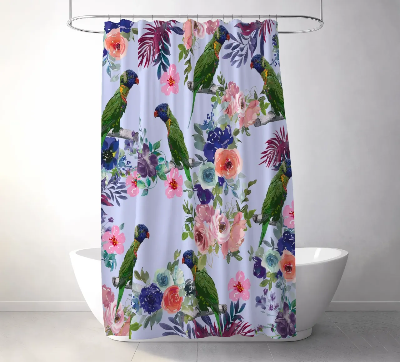 Pappagalli e fiori verdi tenda da doccia da berwies design
