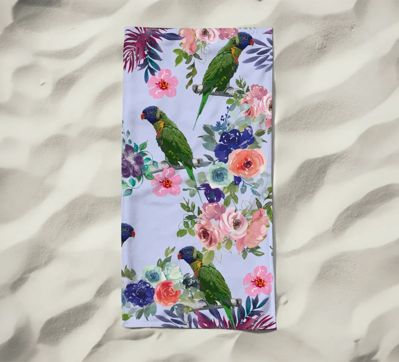 Pappagalli e fiori verdi telo mare da berwies design