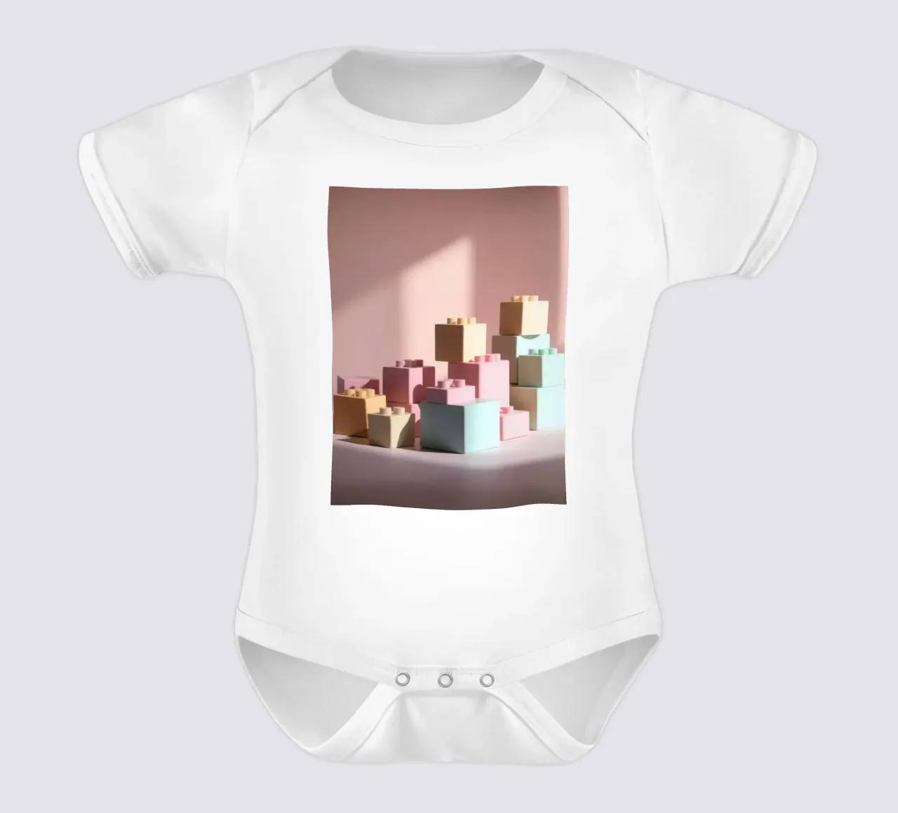 Colorful building blocks arranged in a playful geometric short-sleeve baby romper by DesignDoodle