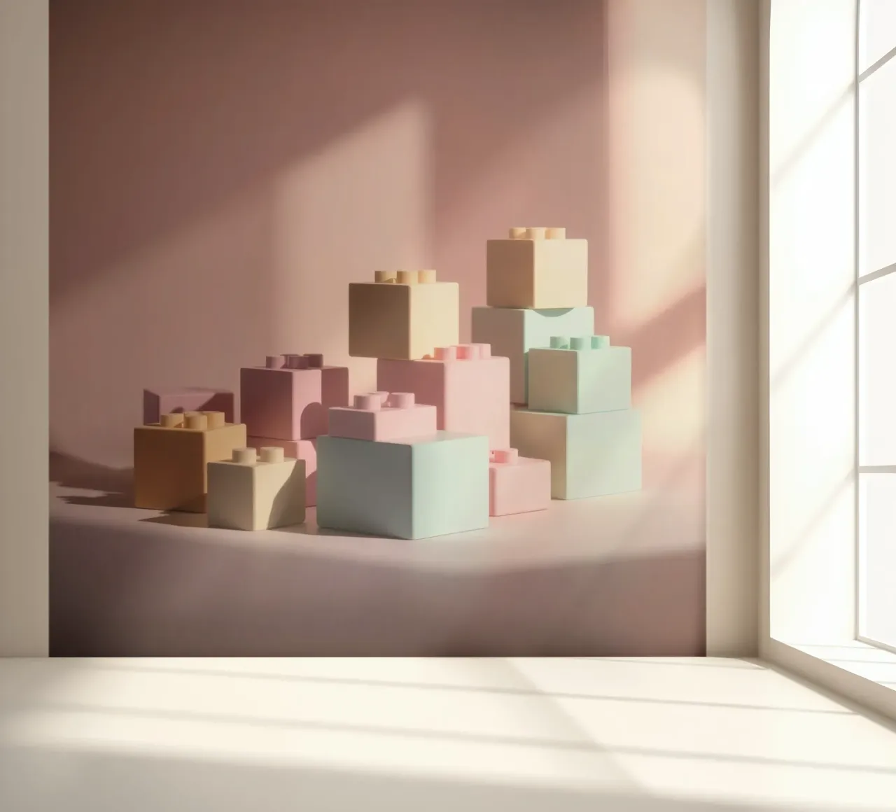 Colorful building blocks arranged in a playful geometric photo wallpaper by DesignDoodle