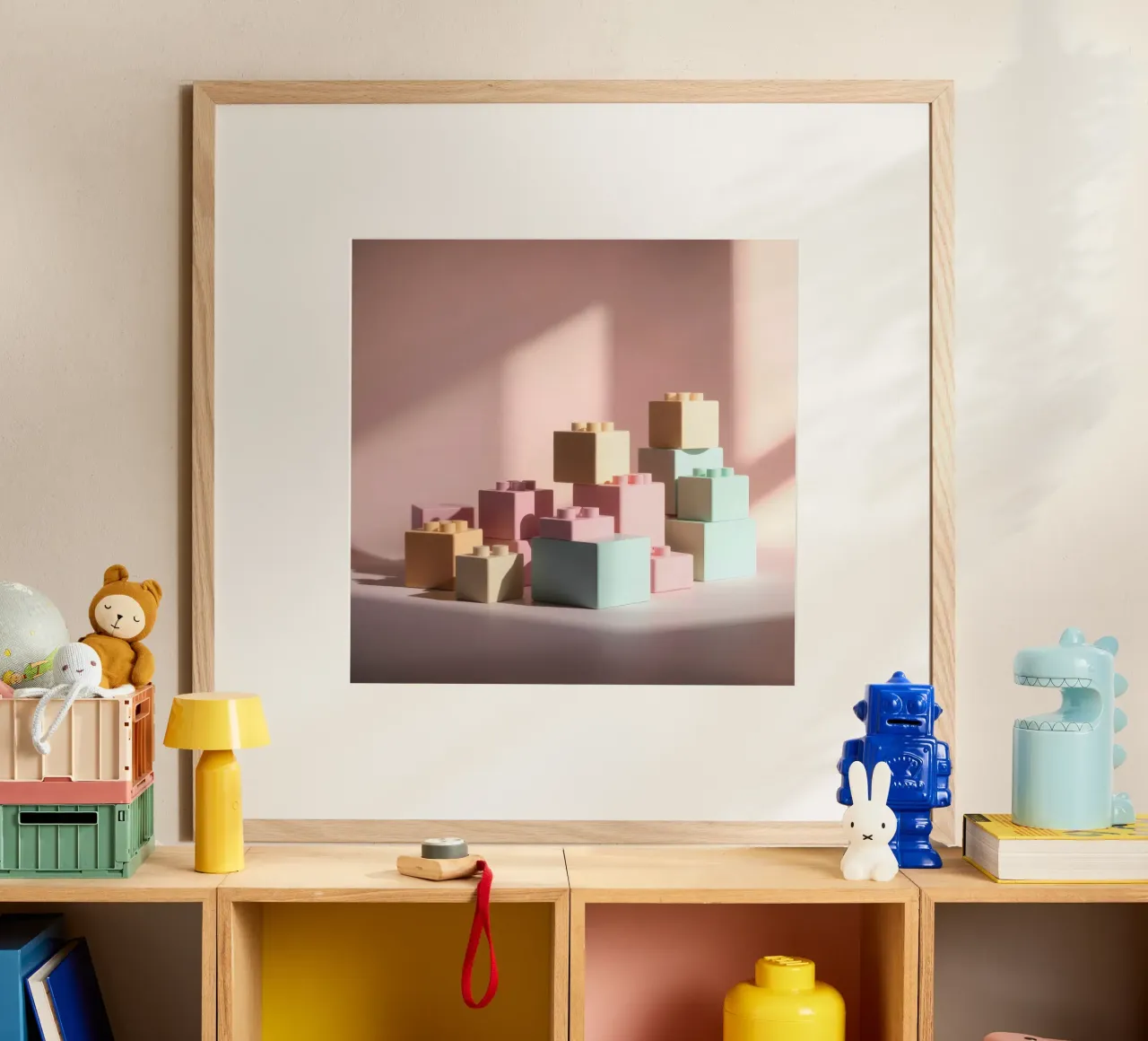 Colorful building blocks arranged in a playful geometric hahnemühle by DesignDoodle