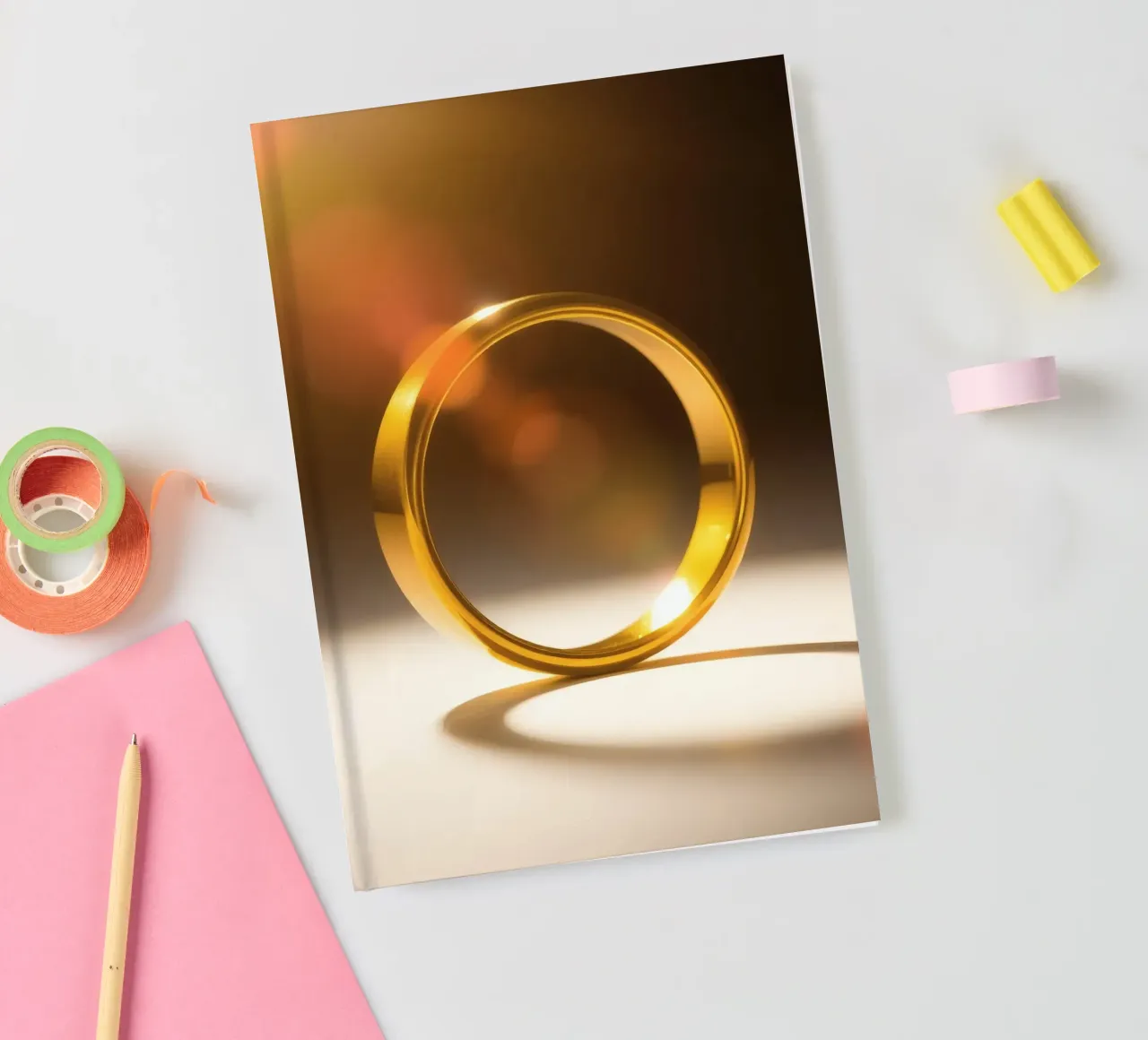 Elegant gold ring glimmers under soft light notebook by DesignDoodle