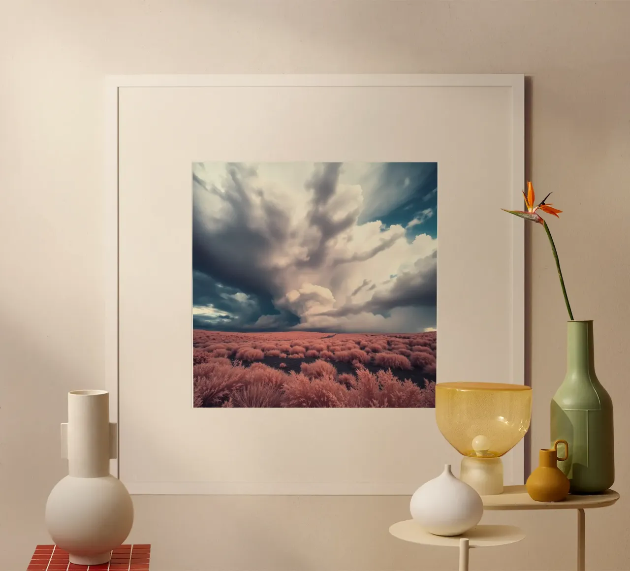 Paysage magnifique avec une flore d'un rose éclatant poster avec cadre en bois de DesignDoodle