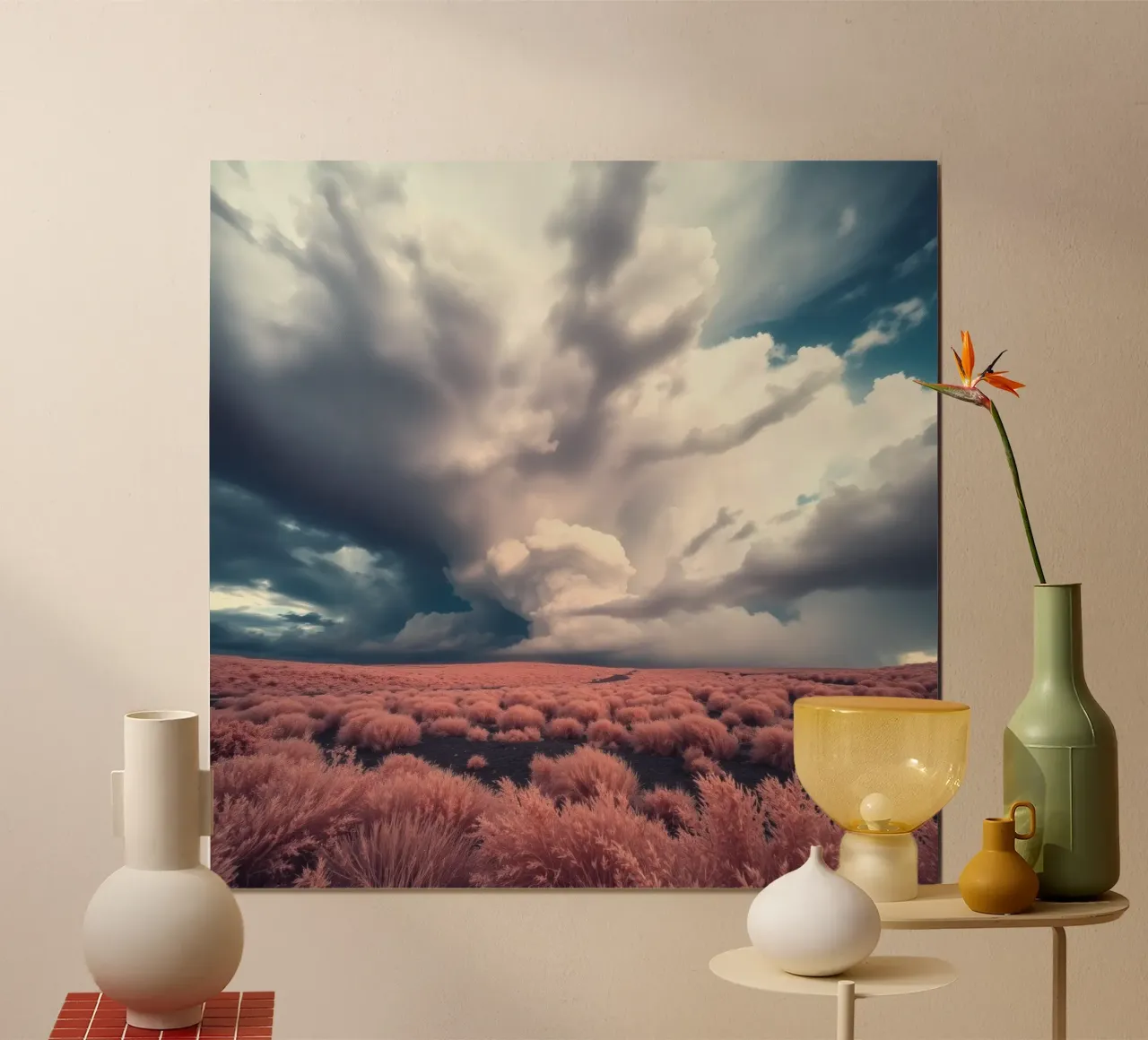 Paysage magnifique avec une flore d'un rose éclatant poster avec cadre en bois de DesignDoodle