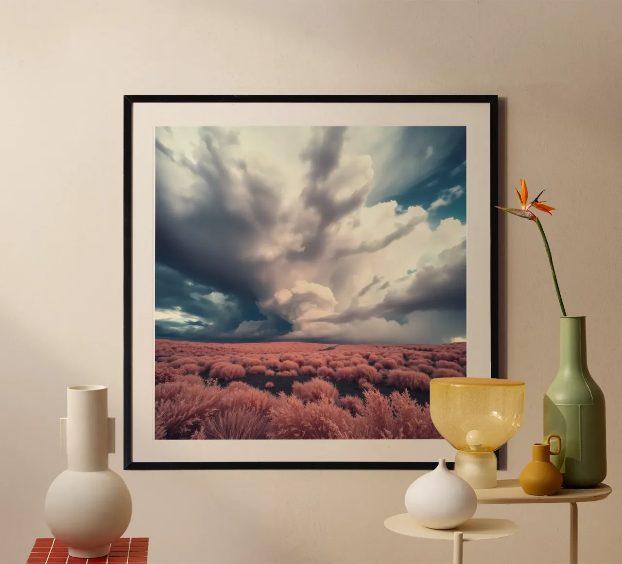 Paysage magnifique avec une flore d'un rose éclatant poster avec cadre en bois de DesignDoodle