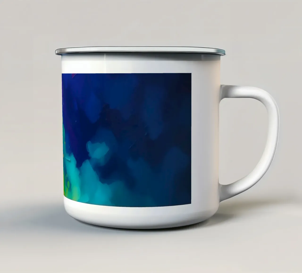 Opere d'arte astratte colorate che mostrano i vivaci colori dell'arcobaleno tazza in smalto da DesignDoodle
