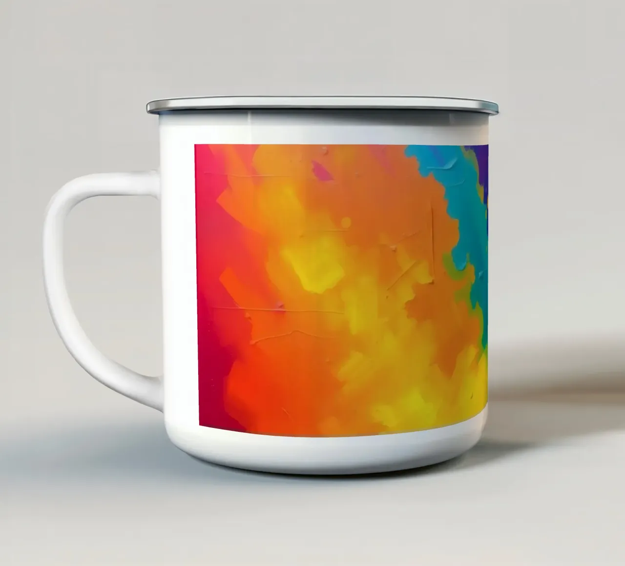Opere d'arte astratte colorate che mostrano i vivaci colori dell'arcobaleno tazza in smalto da DesignDoodle