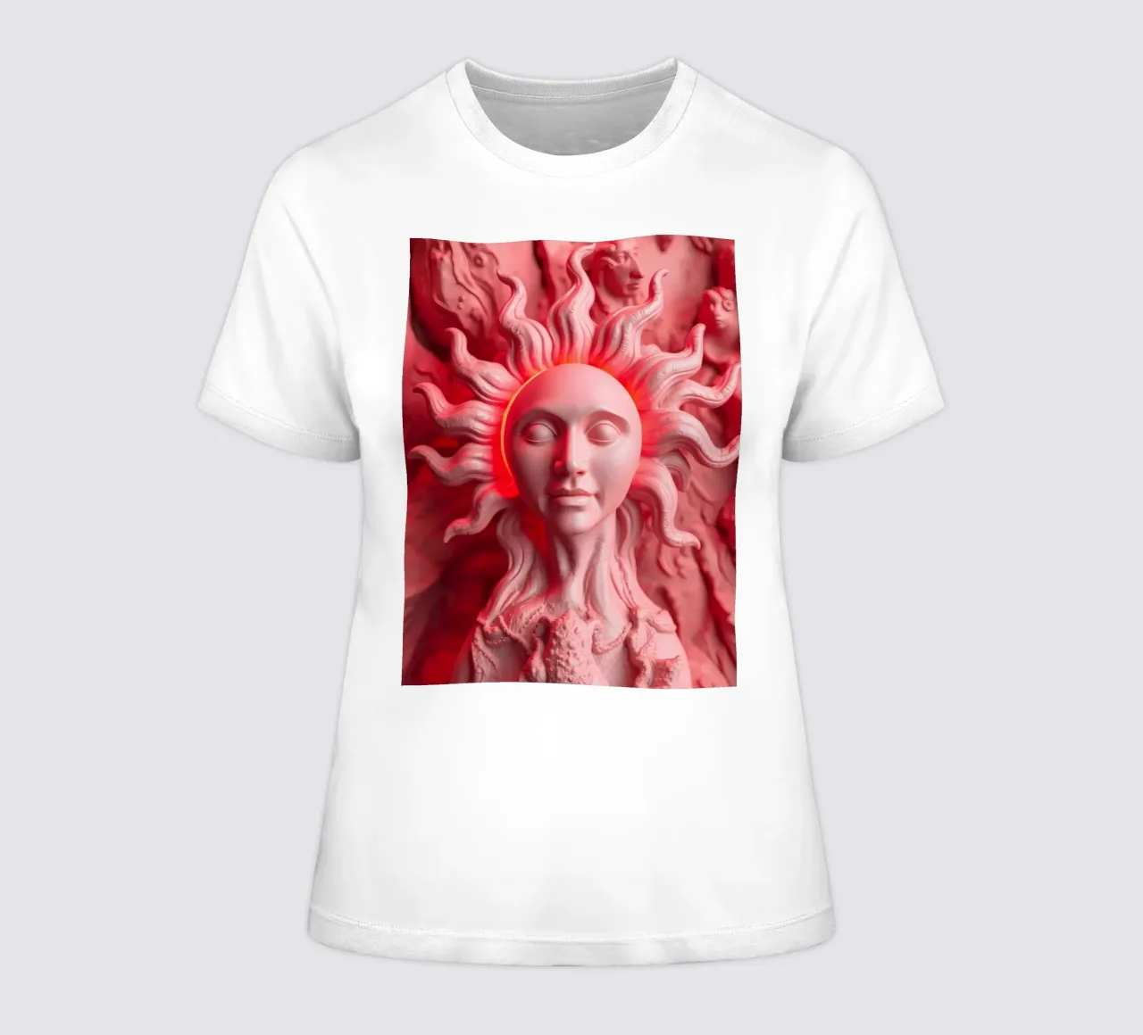 Intricate sculpture of a sun goddess surrounded by mystical women's fitted t-shirt by DesignDoodle