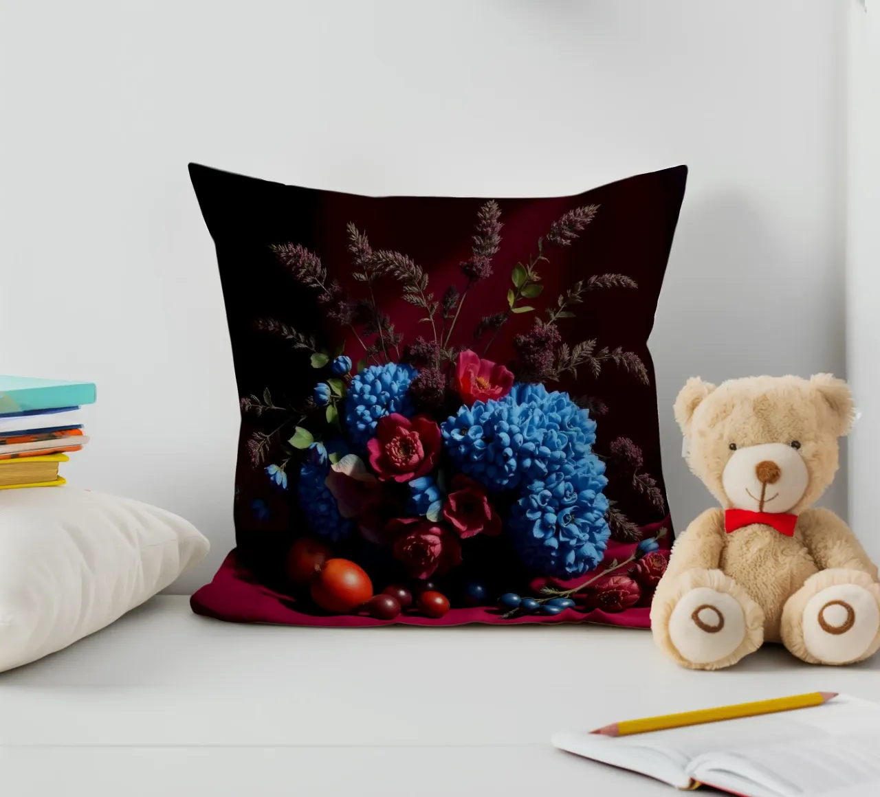 Vibrante composizione floreale con frutta colorata in cuscino da DesignDoodle