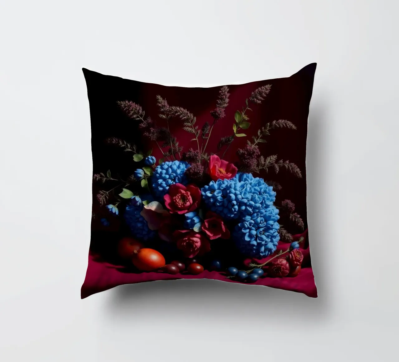 Vibrante composizione floreale con frutta colorata in cuscino da DesignDoodle