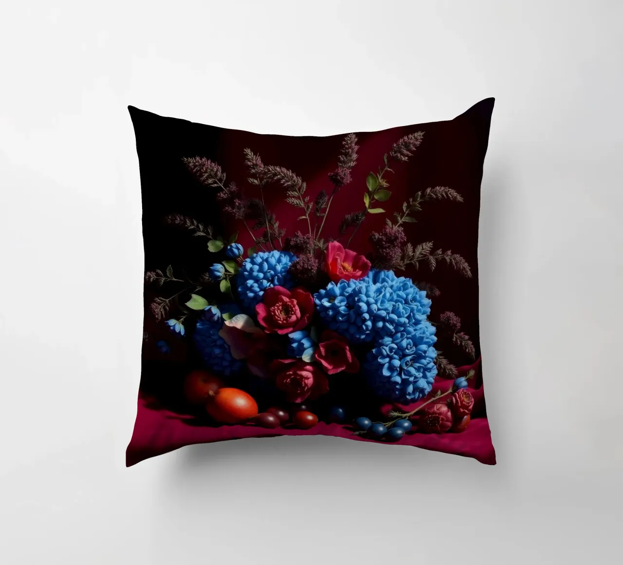 Vibrante composizione floreale con frutta colorata in cuscino da DesignDoodle