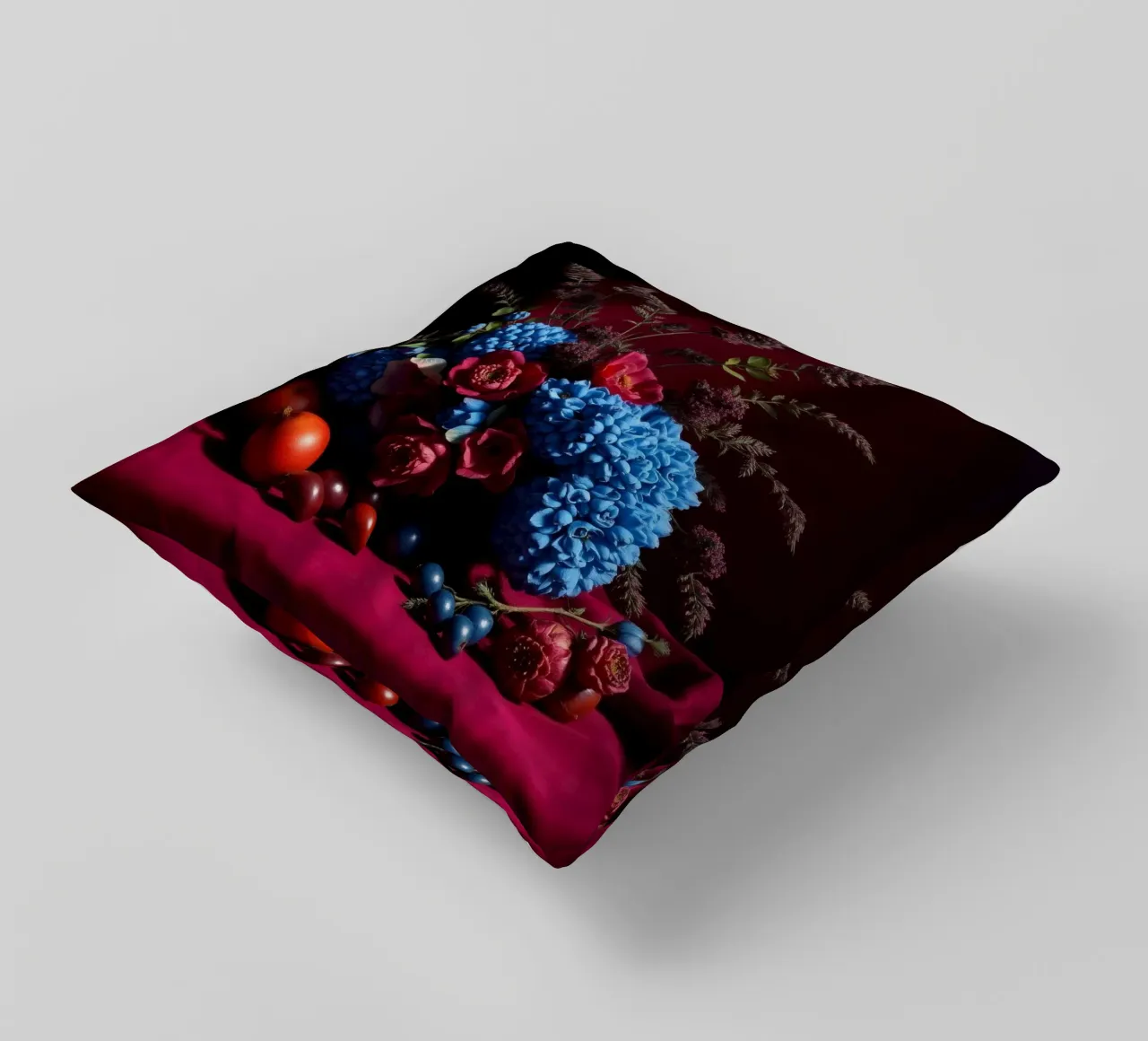 Vibrante composizione floreale con frutta colorata in cuscino da DesignDoodle