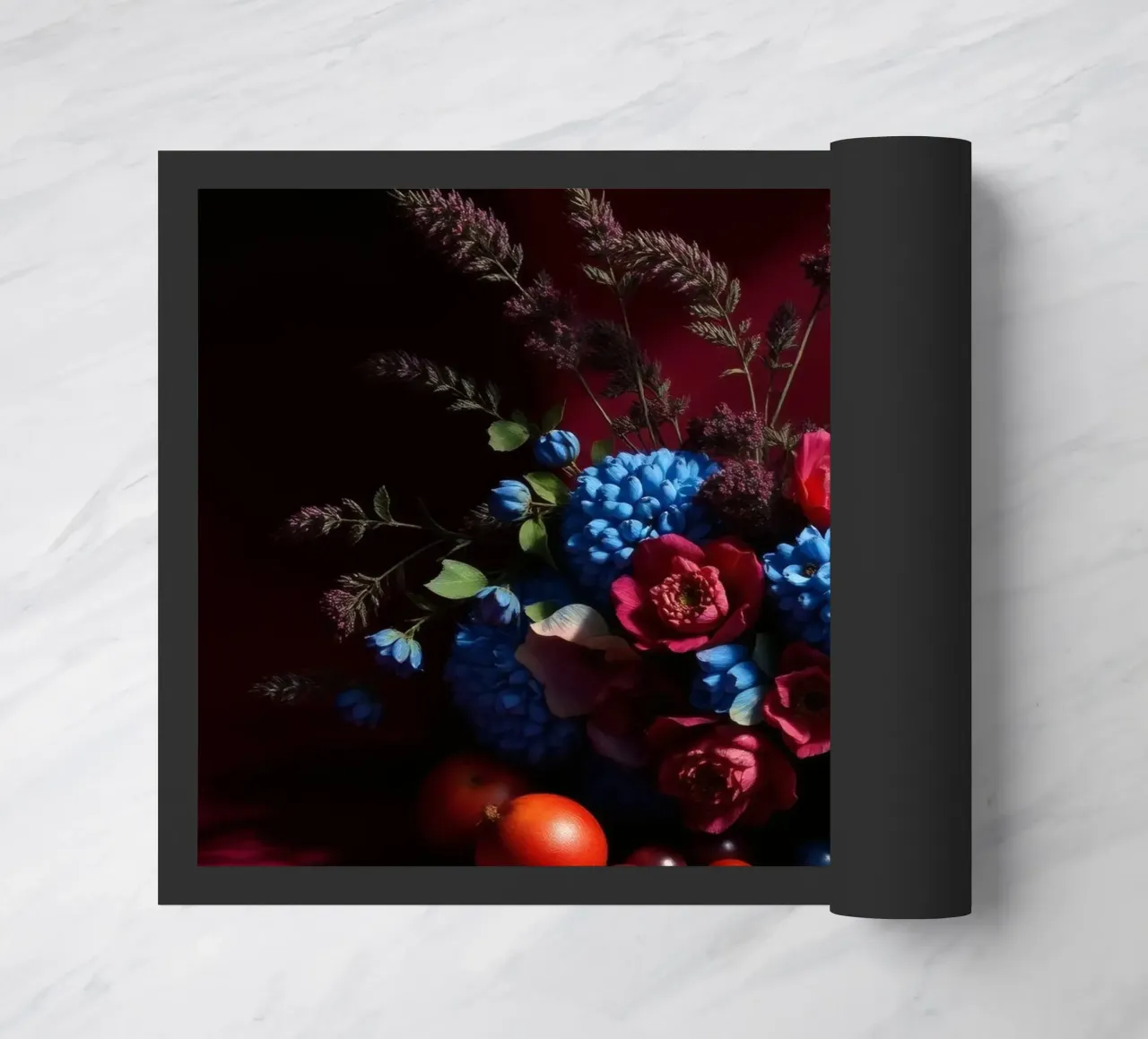 Vibrante composizione floreale con frutta colorata in zerbino da DesignDoodle