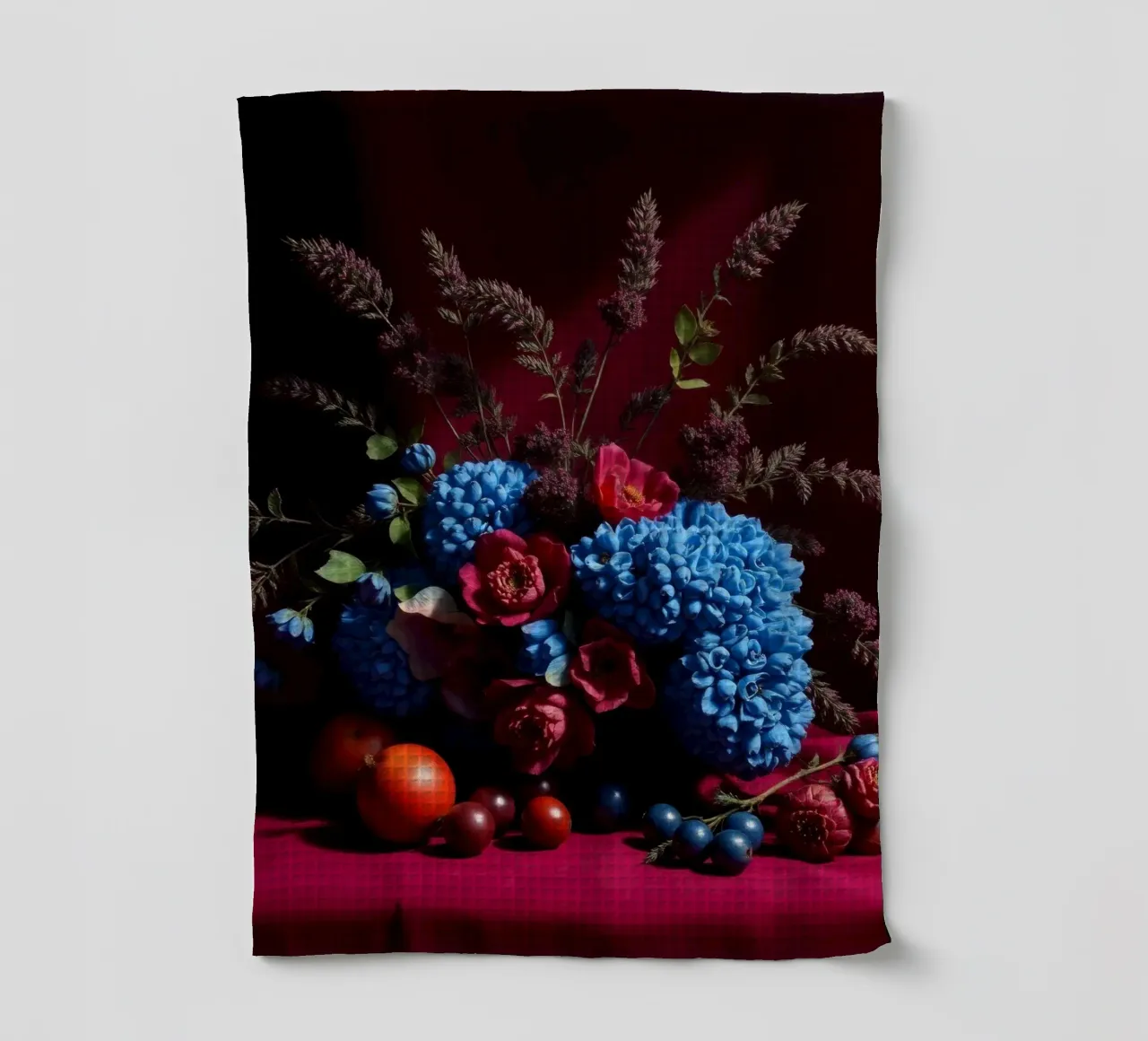 Vibrante composizione floreale con frutta colorata in canovaccio da cucina da DesignDoodle