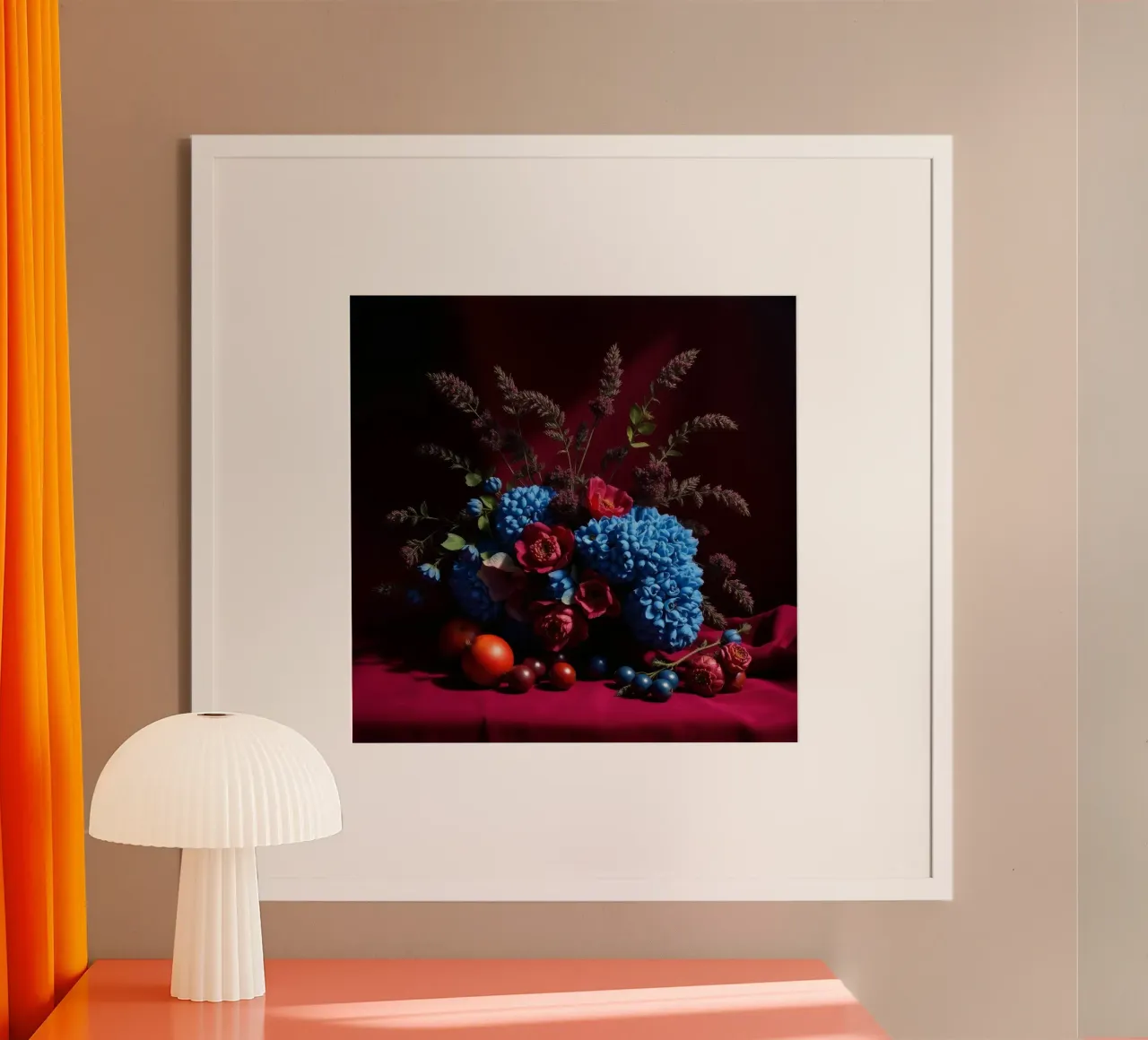 Vibrante composizione floreale con frutta colorata in carta hahnemühle da DesignDoodle