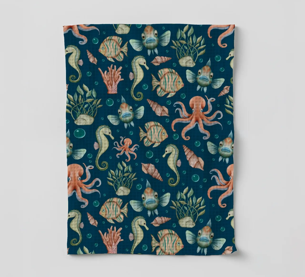 Underwater Sea Life on Navy Blue Background tea towel by CoelfenArt