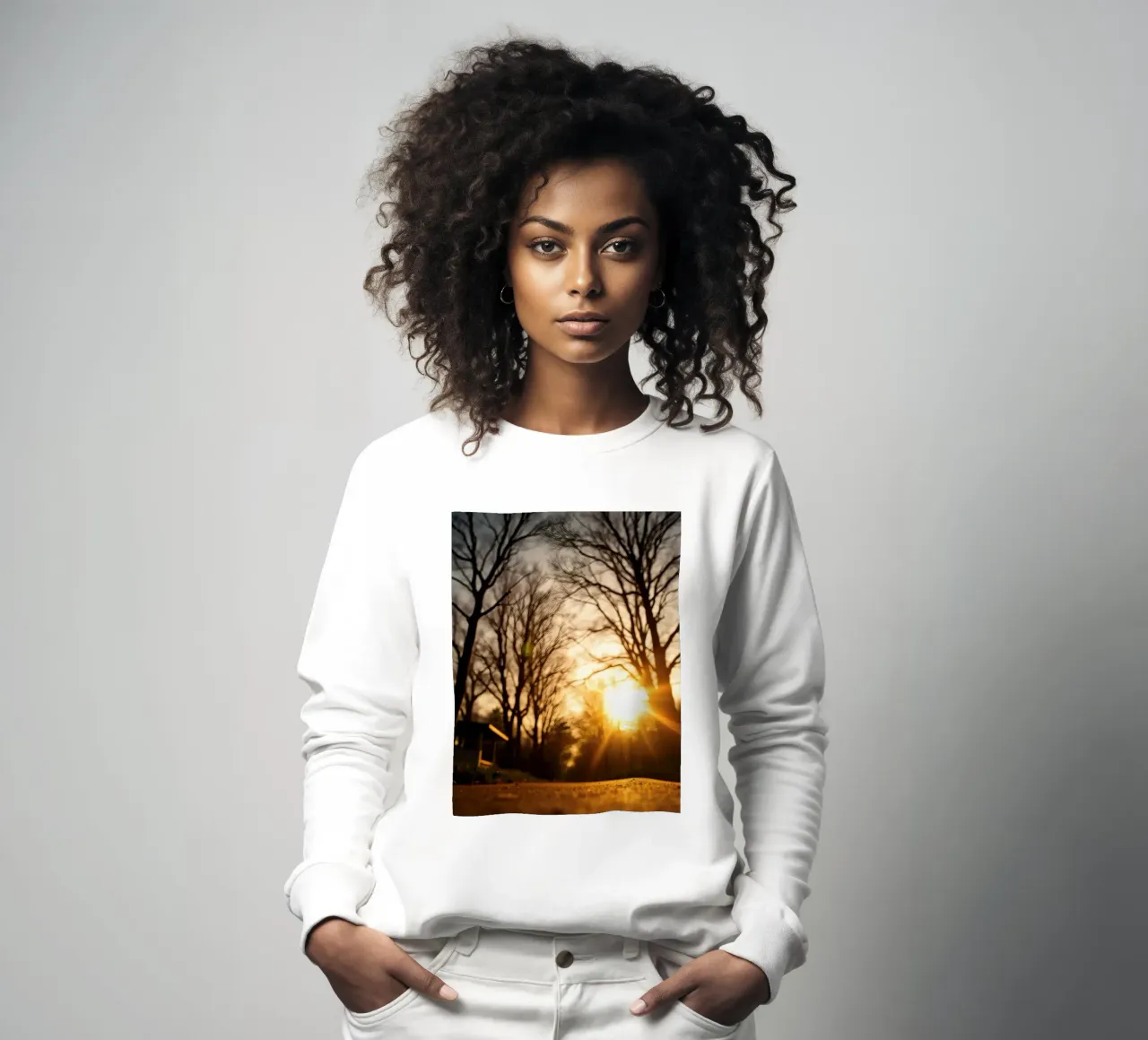 Sunset casting warm light through trees along quiet pathway sweatshirt by DesignDoodle