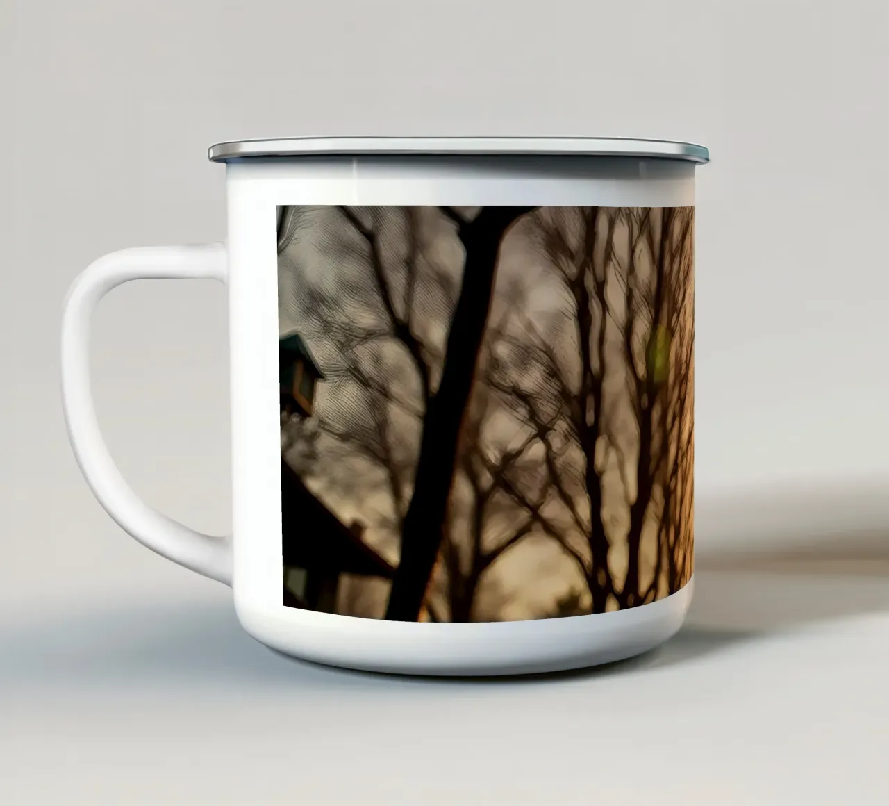 Sunset casting warm light through trees along quiet pathway enamel mug by DesignDoodle