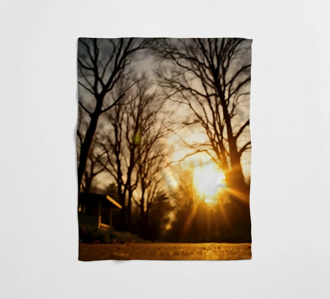Il tramonto proietta una luce calda attraverso gli alberi lungo un sentiero tranquillo coperta in pile da DesignDoodle