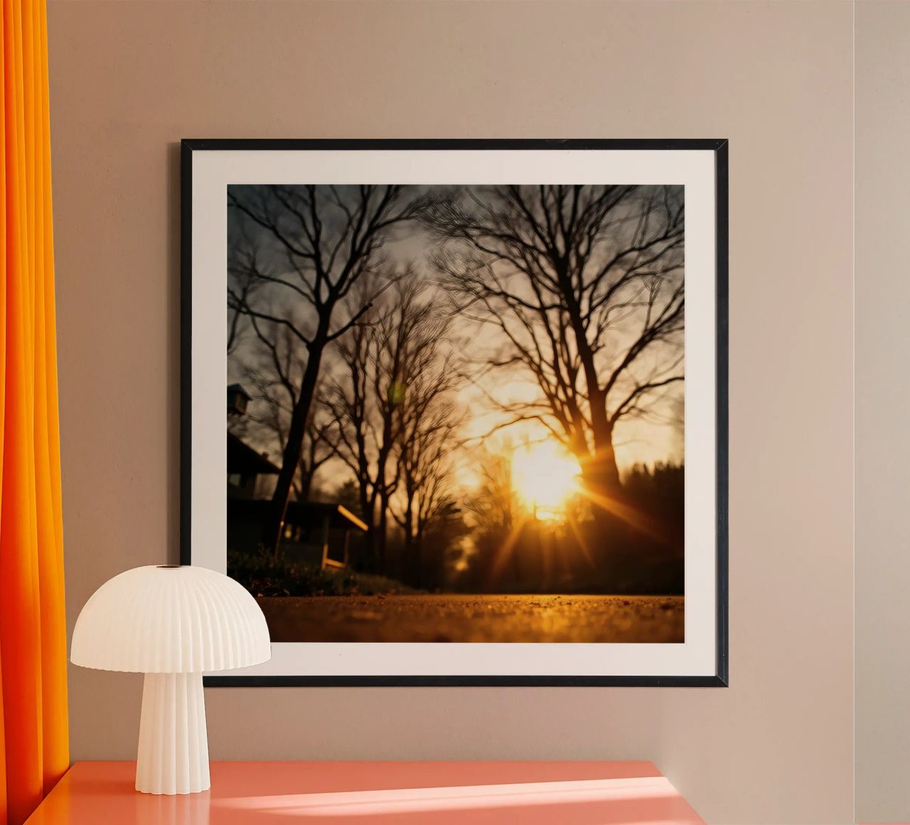 Zonsondergang werpt warm licht door bomen langs rustig pad poster van DesignDoodle