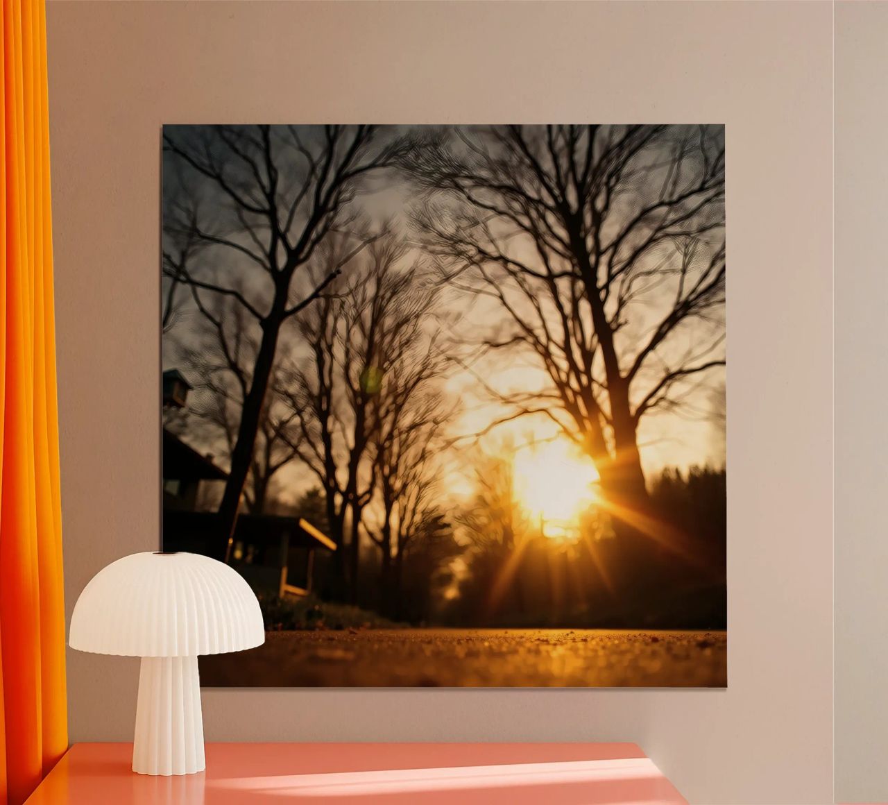 Zonsondergang werpt warm licht door bomen langs rustig pad poster van DesignDoodle