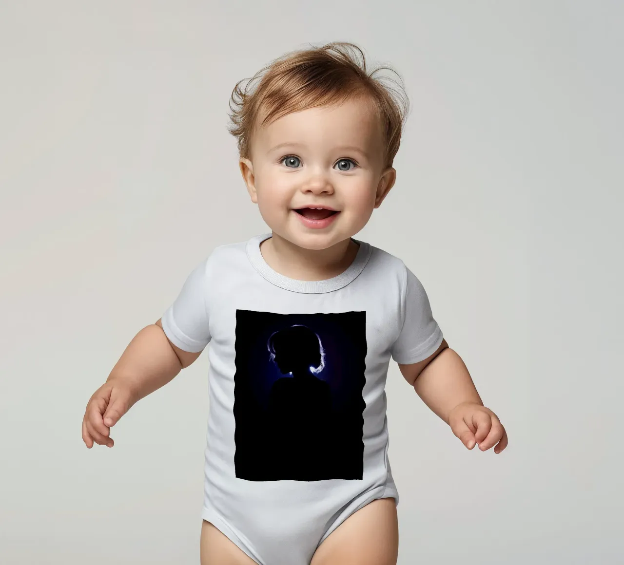 Silhouette of a child against a dark background illuminated short-sleeve baby romper by DesignDoodle