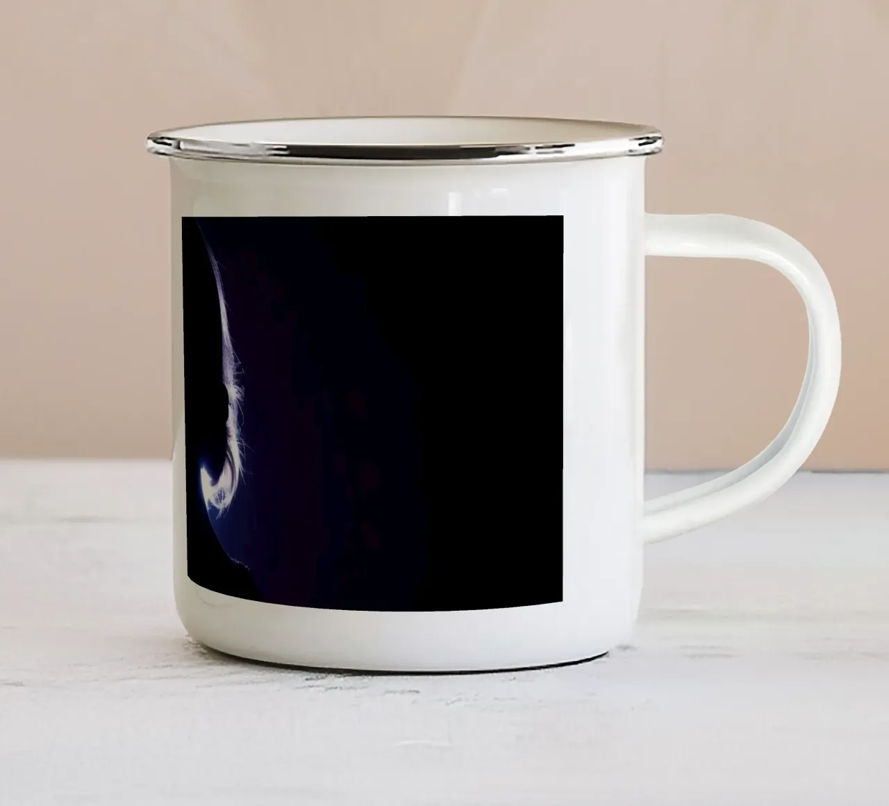 Silhouette of a child against a dark background illuminated enamel mug by DesignDoodle