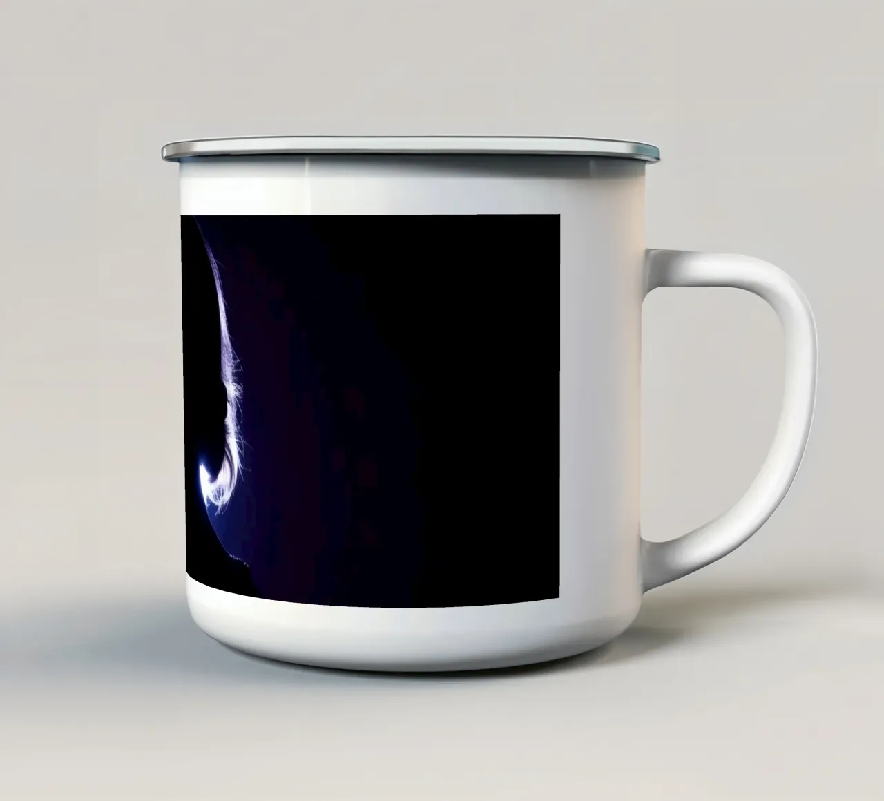 Silhouette of a child against a dark background illuminated enamel mug by DesignDoodle